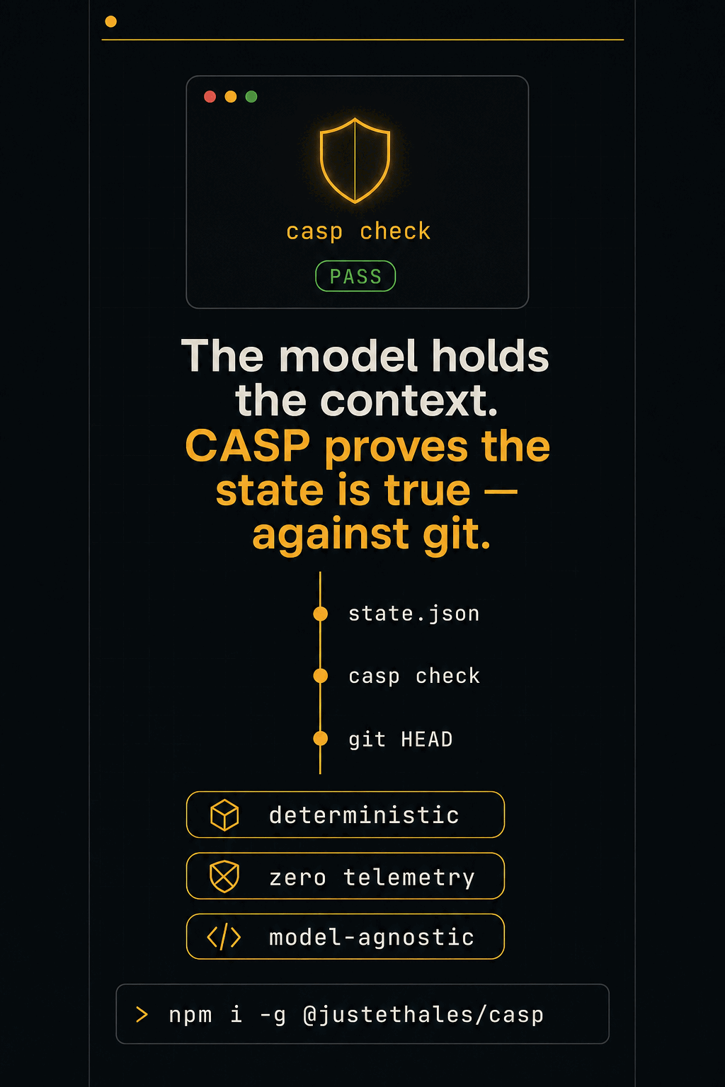 CASP: the model holds the context, CASP proves the state is true — against git. Deterministic, zero telemetry, model-agnostic.